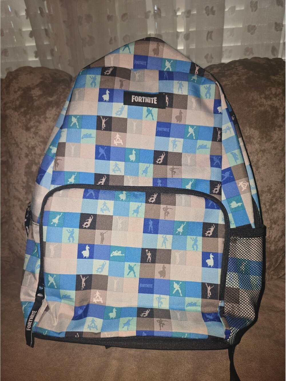 Fortnite Blue and Gray Checkered Backpack with Llama Logo